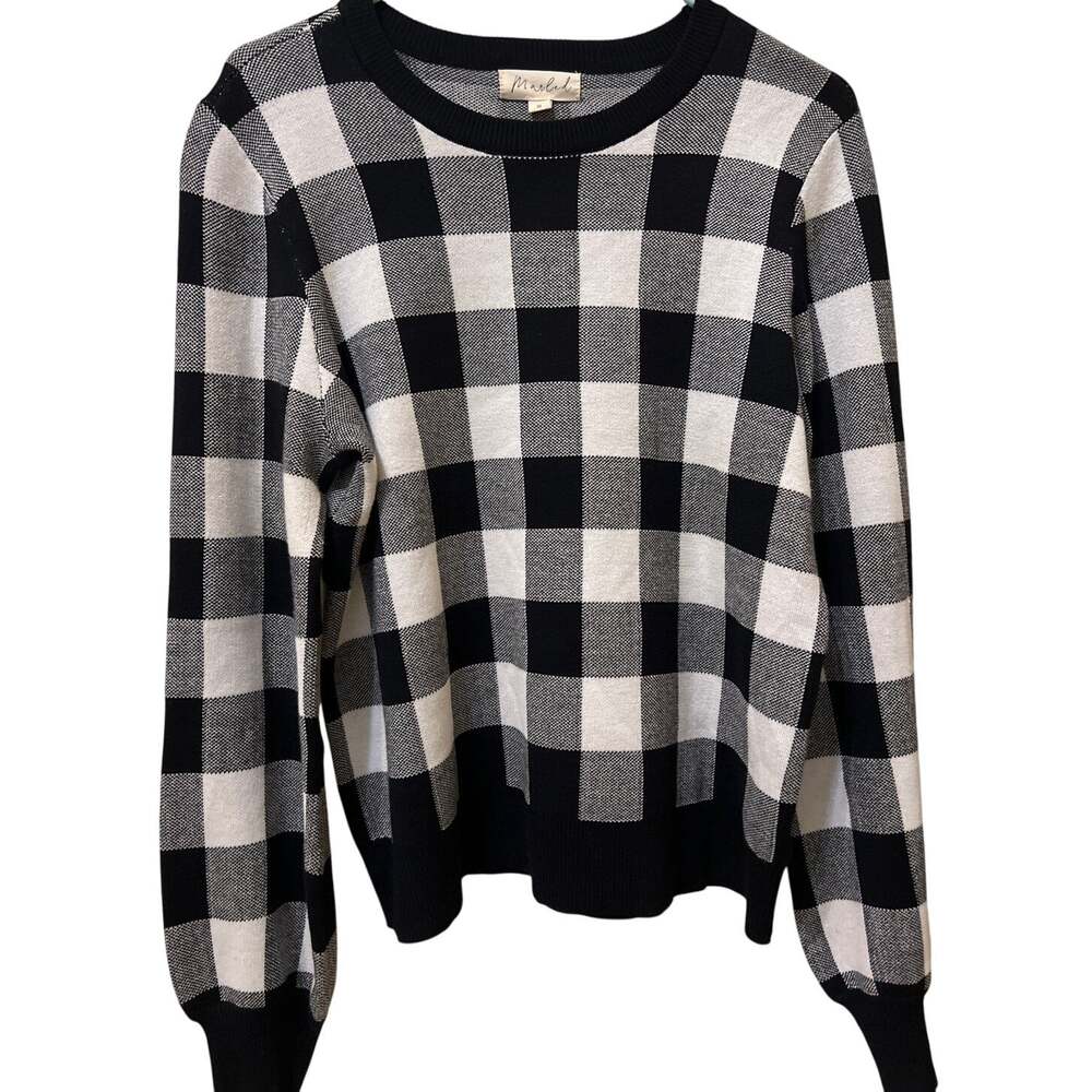 Black & White Buffalo Plaid Holiday Crewneck Sweater Size Small by Marled X-mas